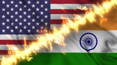 Hindistan ve ABD 'nin ateş hattıyla ayrılmış bir bayrağının tasviri. Çapraz bayraklar: iki ülke arasındaki gergin ilişkilerin, çatışmaların ve rekabetin tasviri