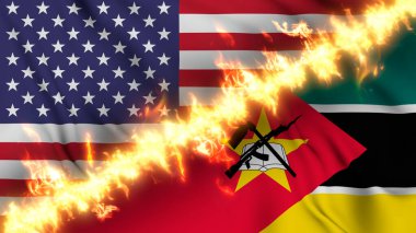 Mozambik ve Amerika Birleşik Devletleri 'nin bir ateş hattıyla ayrılmış bayrağının tasviri. Çapraz bayraklar: iki ülke arasındaki gergin ilişkilerin, çatışmaların ve rekabetin tasviri