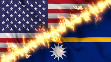 Nauru ve ABD 'nin ateş hattıyla ayrılmış bir bayrağının tasviri. Çapraz bayraklar: iki ülke arasındaki gergin ilişkilerin, çatışmaların ve rekabetin tasviri