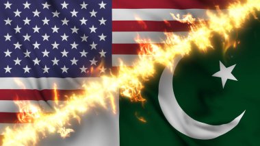 Pakistan ve ABD 'nin ateş hattıyla ayrılmış bir bayrağının tasviri. Çapraz bayraklar: iki ülke arasındaki gergin ilişkilerin, çatışmaların ve rekabetin tasviri