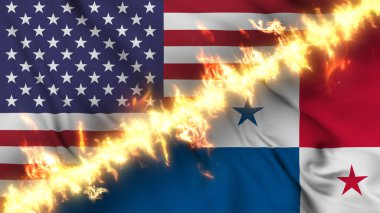Panama ve Amerika Birleşik Devletleri 'nin ateş hattıyla ayrılmış bir bayrağının tasviri. Çapraz bayraklar: iki ülke arasındaki gergin ilişkilerin, çatışmaların ve rekabetin tasviri