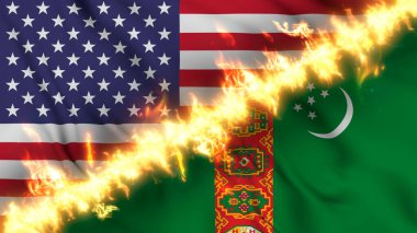 Türkmenistan ve ABD 'nin ateş hattıyla ayrılmış bir bayrağının tasviri. Çapraz bayraklar: iki ülke arasındaki gergin ilişkilerin, çatışmaların ve rekabetin tasviri