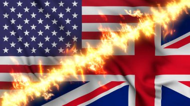 Birleşik Krallık ve Birleşik Devletler 'in ateş hattıyla ayrılmış bir bayrağının tasviri. Çapraz bayraklar: iki ülke arasındaki gergin ilişkilerin, çatışmaların ve rekabetin tasviri
