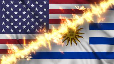 Uruguay ve Birleşik Devletler 'in bir ateş hattıyla ayrılmış bayrağının tasviri. Çapraz bayraklar: iki ülke arasındaki gergin ilişkilerin, çatışmaların ve rekabetin tasviri