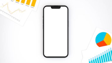 Ofisteki modern bir işyerinin genel görünümü: tablolar ve masadaki akıllı telefonun yanındaki mali veriler. 3d hazırlayıcı