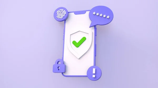 Rendering Mobile Cyber Security Concept Purple Phone Protective Shield Icon — Stock Photo, Image