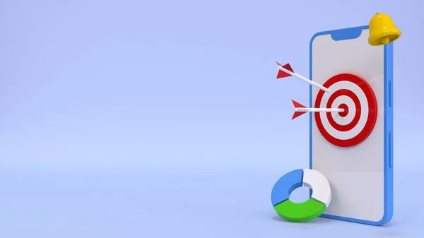 Digital social marketing on a mobile phone. A mobile phone with a target, a funnel with statistics in the form of a circle, bell. Social network promotion. 3D rendering illustration