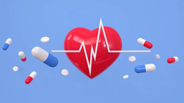 Cardiovascular disease concept. Medical problems with heart. Capsule pills and heart on blue. Preparations for treatment of human heart. Health care and medicine. Antibiotics and vitamins. 3d rendering