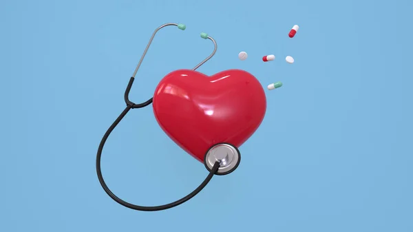 Rendering Concept Healthcare Medical Illustration Heart Stethoscope Pills Light Light — Stock Photo, Image