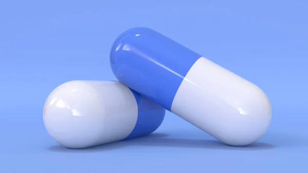 青の背景に白と青の錠剤カプセルの3Dレンダリングマクロ計画 医学のトピック 処方に関するイラスト — ストック写真