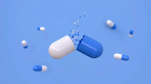 Comprimido Grande Aberto Branco Azul Com Medicina Vazando Dele Sobre — Fotografia de Stock
