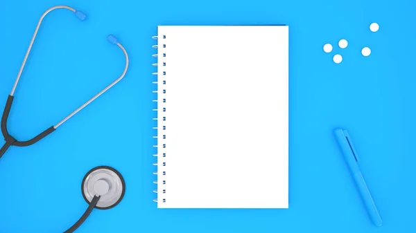 Top View Stethoscope Pills Notepad Pen Isolated Blue Background Medical — Stock Photo, Image