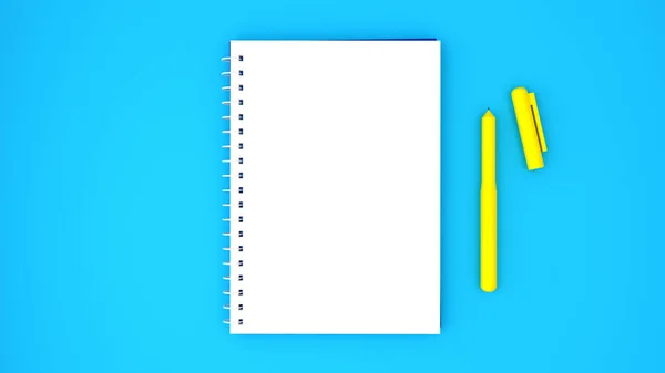 打开的笔记本和黄色笔盖在蓝色背景上 并带有复制空间的顶部视图照片 极简主义平铺着空白日记和钢笔的图像 3D渲染 — 图库照片