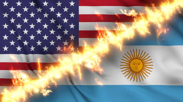 アルゼンチンと米国の波状の旗のイラストが火の線で区切られています クロスフラグ 両国間の緊張関係 紛争や競争の描写 — ストック写真