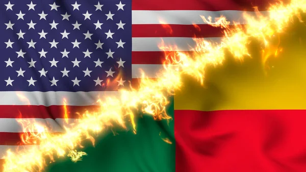 一个挥动的贝宁和美国国旗被一道火线隔开的例子 交叉旗帜 对两国关系紧张 冲突和竞争的描述 — 图库照片