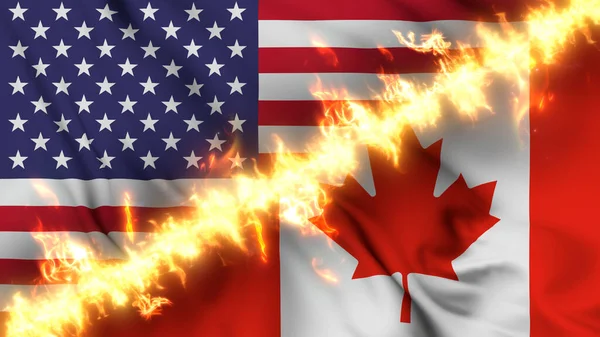 Ilustración Una Bandera Ondeante Canadá Los Estados Unidos Separados Por —  Fotos de Stock