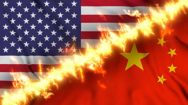 中国と米国の波状の旗のイラストの火災の行で区切られます クロスフラグ 両国間の緊張関係 紛争や競争の描写 — ストック写真