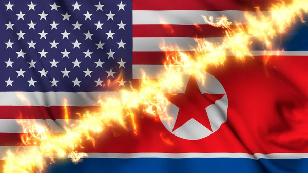 Kore Demokratik Halk Cumhuriyeti Amerika Birleşik Devletleri Bayrağı Bir Ateş — Stok fotoğraf
