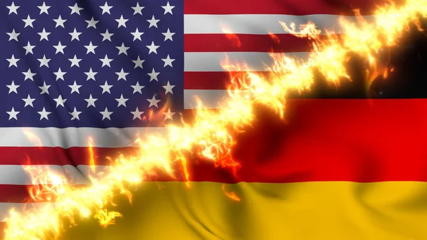 德国和美国摇曳的国旗被一道火线隔开的图例 交叉旗帜 对两国关系紧张 冲突和竞争的描述 — 图库照片