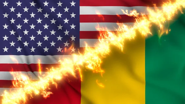 stock image Illustration of a waving flag of Guinea and the United States separated by a line of fire. Crossed flags: depiction of strained relations, conflicts and rivalry between the two countries