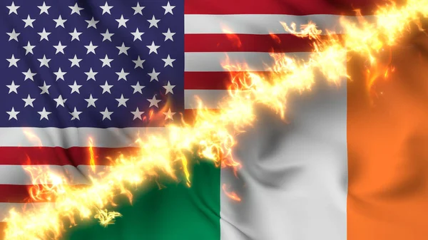 Illustration Waving Flag Ireland United States Separated Line Fire Crossed — Stock Photo, Image