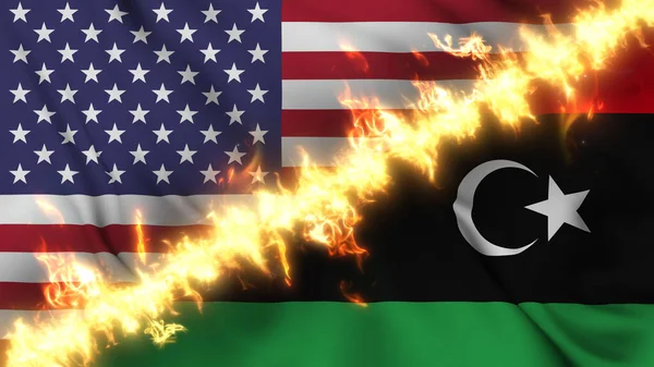 Illustration Waving Flag Libya United States Separated Line Fire Crossed — Stock Photo, Image