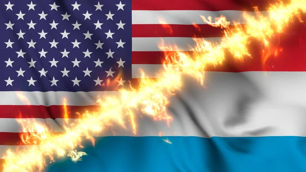 一个挥动的卢森堡和美国国旗被一道火线隔开的例子 交叉旗帜 对两国关系紧张 冲突和竞争的描述 — 图库照片