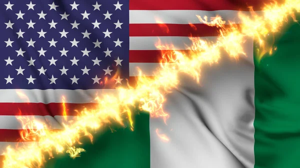 Illustration Waving Flag Nigeria United States Separated Line Fire Crossed — Stock Photo, Image