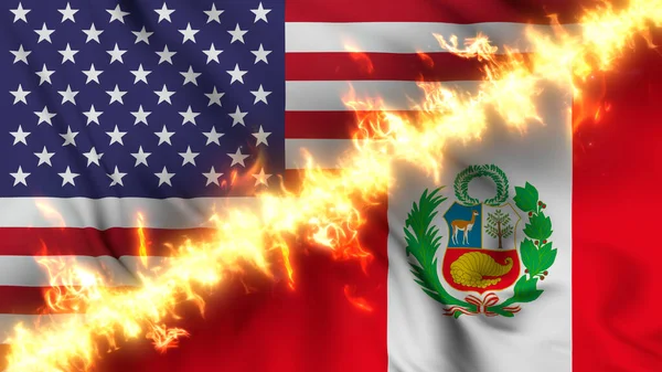 Ilustrație Unui Steag Fluturând Peru Statele Unite Separate Printr Linie — Fotografie, imagine de stoc