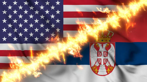 Ilustracja Machającej Flagi Serbii Stanów Zjednoczonych Oddzielonych Linią Ognia Krzyżowane — Zdjęcie stockowe