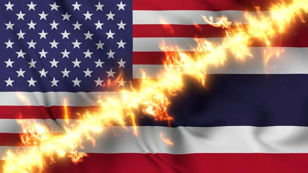 展示了一面飘扬的泰国和美国国旗被一道火线隔开的画面 交叉旗帜 对两国关系紧张 冲突和竞争的描述 — 图库照片