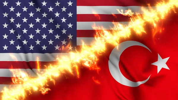 トルコと米国の波状の旗のイラストが火の線で区切られています クロスフラグ 両国間の緊張関係 紛争や競争の描写 — ストック写真