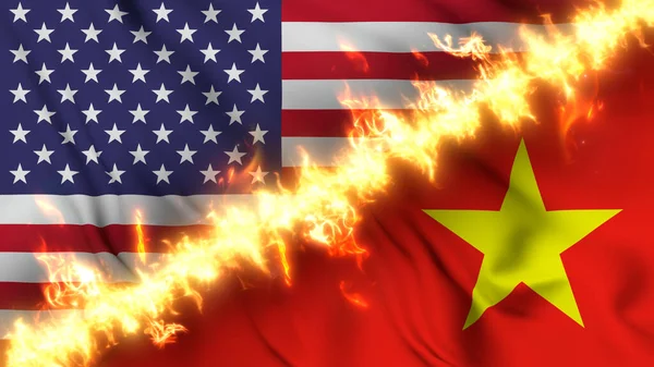 图上的越南和美国摇曳的国旗被一道火线隔开 交叉旗帜 对两国关系紧张 冲突和竞争的描述 — 图库照片