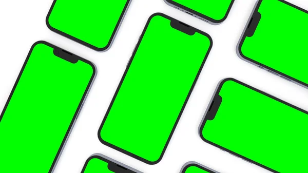 Smartphones Con Pantallas Verdes Maqueta Moderna Para Diseño Aplicaciones Móviles —  Fotos de Stock