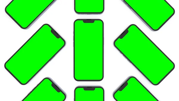 緑の画面を持つスマートフォン テキストのためのスペースを持つモバイルアプリのデザインのための現代的なモックアップ 白い背景に隔離されました 3Dレンダリング — ストック写真