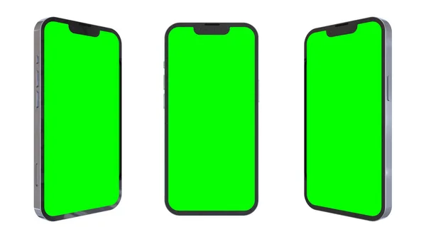 Mockup Πράσινο Πρότυπο Smartphone Οθόνη Τρεις Διαφορετικές Θέσεις Απόδοση — Φωτογραφία Αρχείου