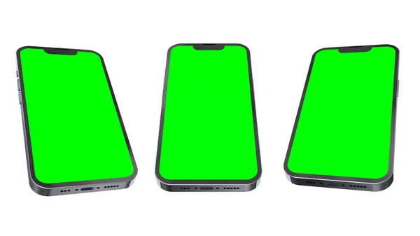 モックアップ 白の背景に3つの異なる位置に緑の画面スマートフォンのテンプレート 3Dレンダリング — ストック写真