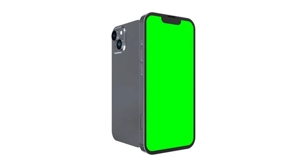 Obrócona Makieta Smartfona Przodu Pustym Zielonym Ekranem Tyłu Podwójnym Modułem — Zdjęcie stockowe