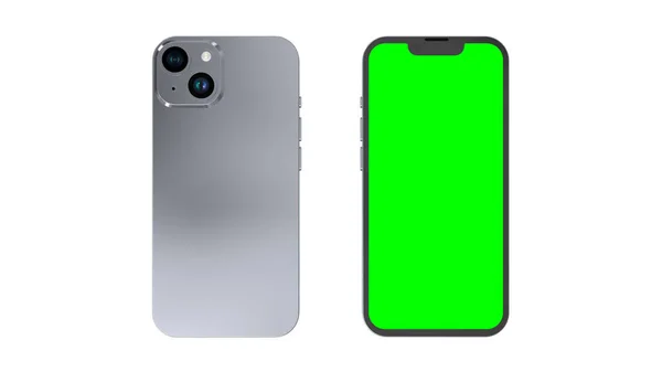 旋转的智能手机前侧与空白白屏和智能手机背面与双相机模块 被白色背景隔离 3D渲染 — 图库照片