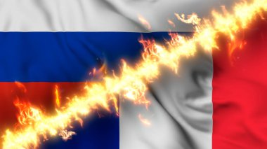Rusya ve Fransa 'nın ateş hattıyla ayrılmış bir bayrağının tasviri. Çapraz bayraklar: iki ülke arasındaki gergin ilişkilerin, çatışmaların ve rekabetin tasviri