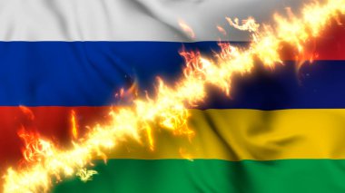 Rusya ve Mauritius 'un ateş hattıyla ayrılmış bir bayrak tasviri. Çapraz bayraklar: iki ülke arasındaki gergin ilişkilerin, çatışmaların ve rekabetin tasviri