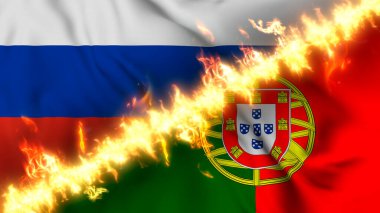 Ateş hattıyla ayrılmış Rusya ve Portekiz 'in sallanan bayrağının tasviri. Çapraz bayraklar: iki ülke arasındaki gergin ilişkilerin, çatışmaların ve rekabetin tasviri