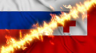 Ateş hattıyla ayrılmış Rusya ve Tonga 'nın sallanan bayrağının tasviri. Çapraz bayraklar: iki ülke arasındaki gergin ilişkilerin, çatışmaların ve rekabetin tasviri