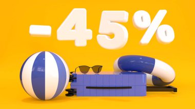 Beyaz mesaj eksi yüzde 45 bavul, güneş gözlüğü, sarı arka planda top modern tarzda. Seyahat geçmişi. Modern yaşam tarzı. Yaz tatili kavramı. 3d oluşturma