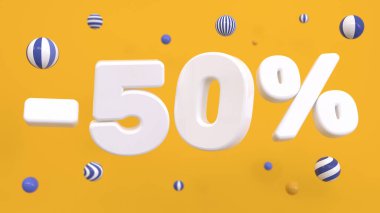 Beyaz% 50 'si sarı arka planda çizgili toplarla çevrili. İndirim, alışveriş, online satış. 3B görüntüleme