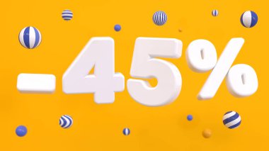 Beyaz% 45 'i sarı arka planda çizgili toplarla çevrili. İndirim, alışveriş, online satış. 3B görüntüleme