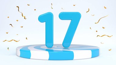 Metin 17 çizgili bir kürsüde duruyor, podyum, sahne konfetilerle çevrili. Tebrik kartı, indirim kartı, indirim indirimi, tatil indirimi, doğum günü, büyük açılış. 3d hazırlayıcı
