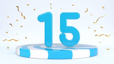 15. metin şeritli bir kürsüde duruyor, podyum, sahne konfetilerle çevrili. Tebrik kartı, indirim kartı, indirim indirimi, tatil indirimi, doğum günü, büyük açılış. 3d hazırlayıcı