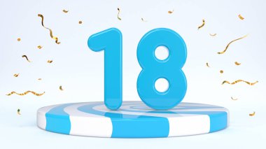 Metin 18 çizgili bir kürsüde duruyor, podyum, sahne konfetilerle çevrili. Tebrik kartı, indirim kartı, indirim indirimi, tatil indirimi, doğum günü, büyük açılış. 3d hazırlayıcı