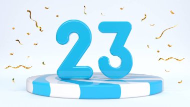 Metin 23 çizgili bir kürsüde duruyor, podyum, sahne konfetilerle çevrili. Tebrik kartı, indirim kartı, indirim indirimi, tatil indirimi, doğum günü, büyük açılış. 3d hazırlayıcı